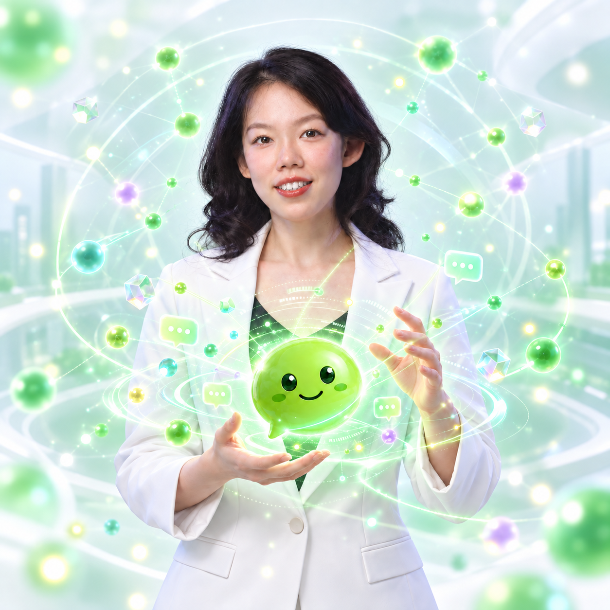 静璇双手托起绿色气泡小人，以 AI 重构人与人的连接